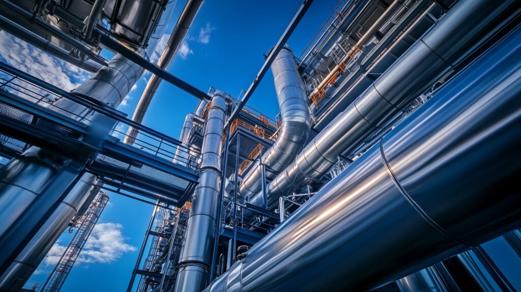 Looking up at the silver tubing and piping at the carbon capture and storage units