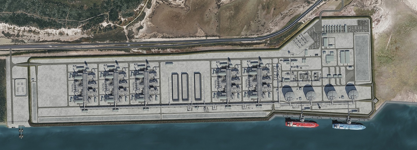 An aerial view of NextDecade's RGLNG Facility with a red and blue tanker docked at its port