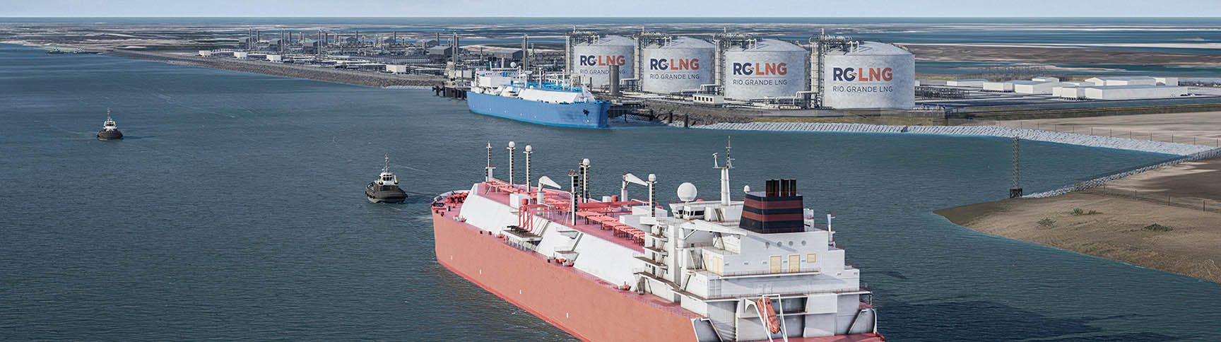 A large oil vessel being pulled along by a tug boat toward an LNG containers with the orange and blue "RGLNG" logos plastered on their sides