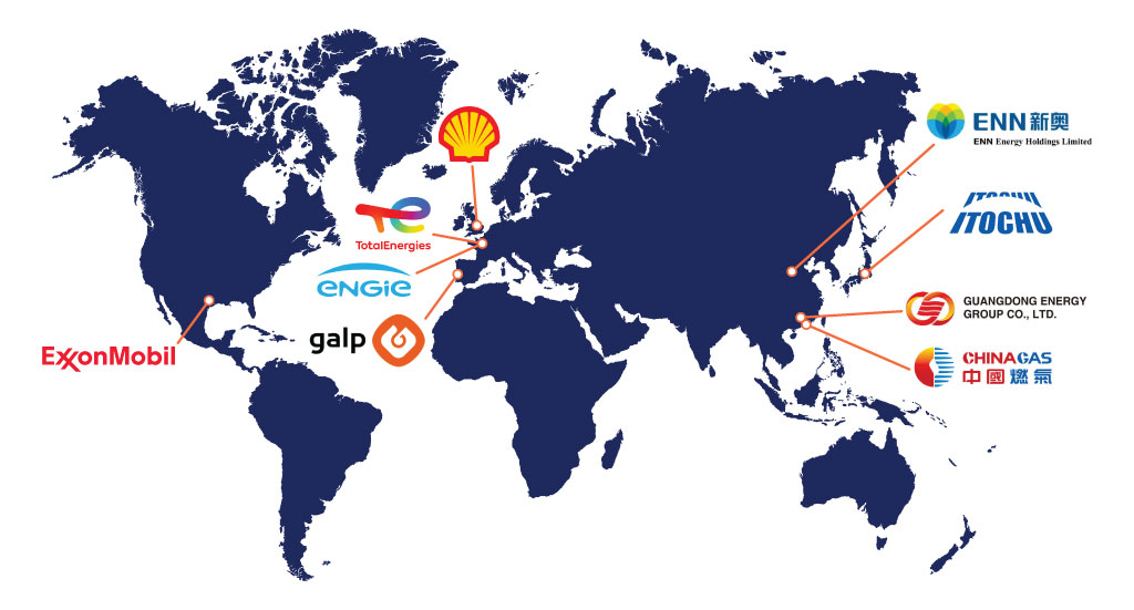 A blue map of the world with the different company logos attached to their respective companies showing off which international businesses are supported by train 5 of the RGLNG facility