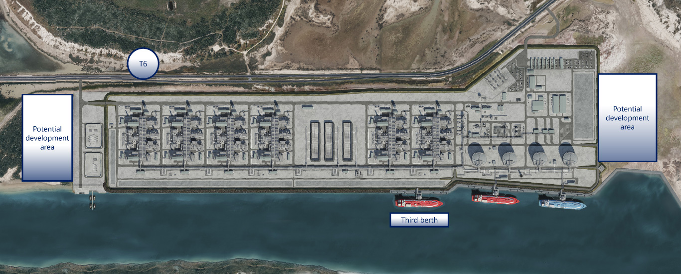 An aerial view of NextDecade's RGLNG terminal showing developmental areas and where train 6 would be