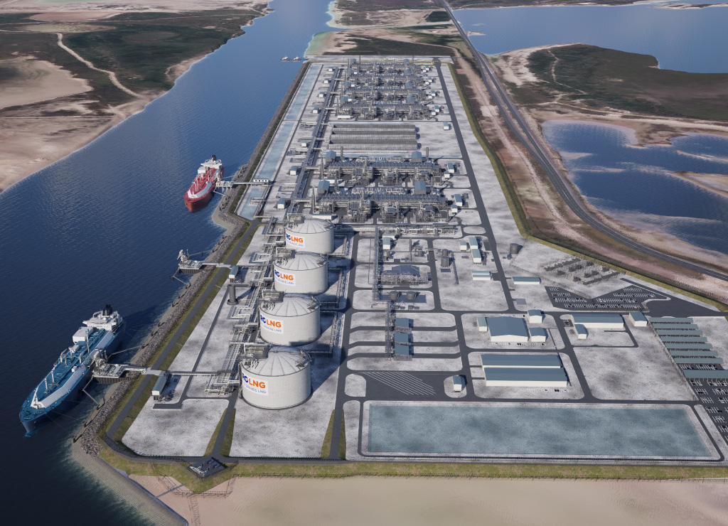 A 3D model showing an aerial view of the RGLNG terminal with two large red and blue tankers docked at their ports