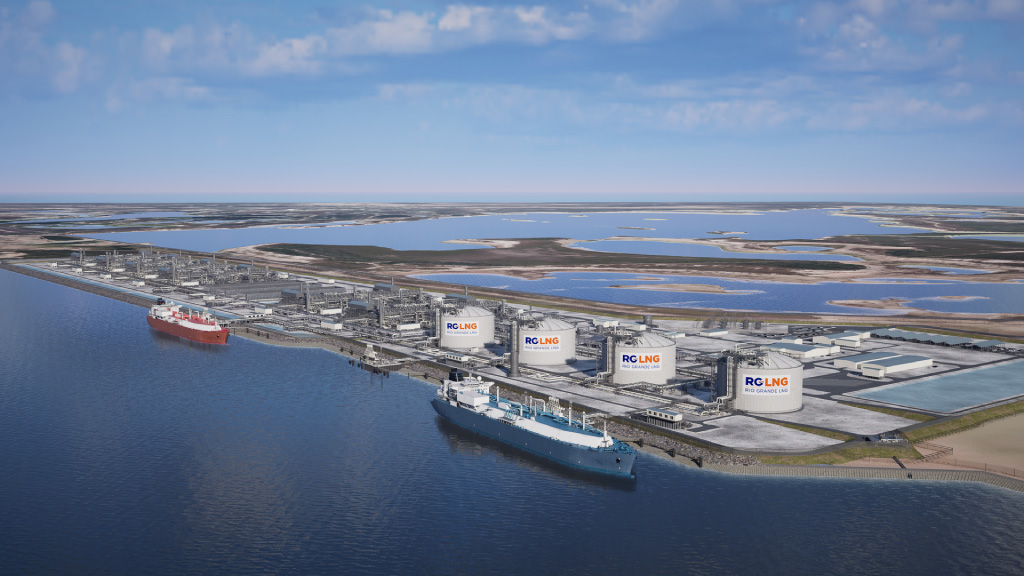 Aerial view of the Rio Grande LNG export terminal showing multiple LNG storage tanks labeled 'RG LNG Rio Grande LNG,' industrial infrastructure, and a large LNG tanker docked at the waterfront, with surrounding water and land.