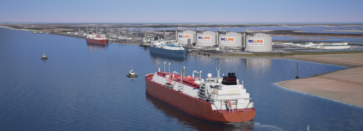A large oil vessel being pulled along by a tug boat toward an LNG containers with the orange and blue "RGLNG" logos plastered on their sides