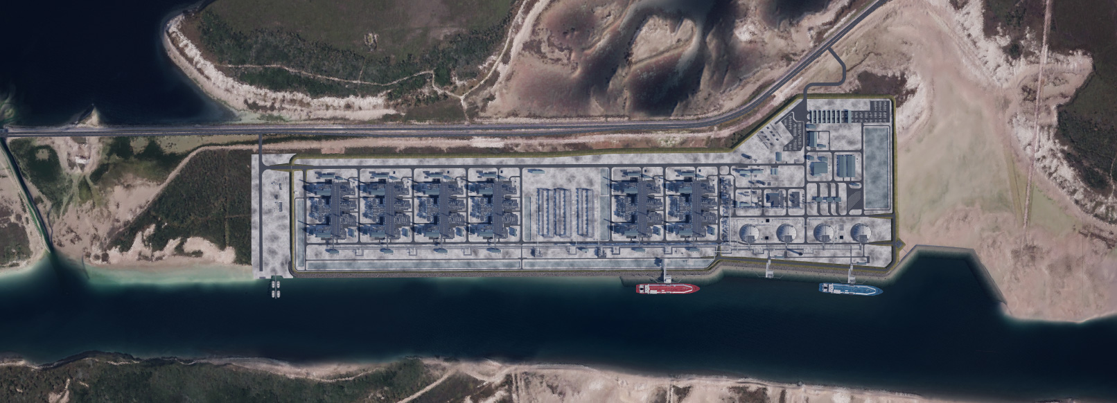 An aerial view of NextDecade's RGLNG Facility with a red and blue tanker docked at its port